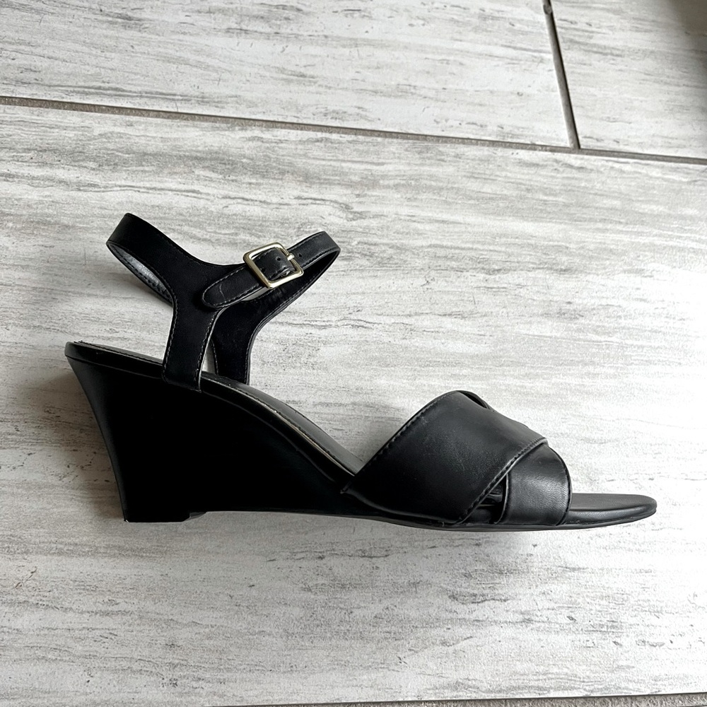 Ralph Lauren Black Leather Ankle-Strap Wedge Sandals with Gold Buckle